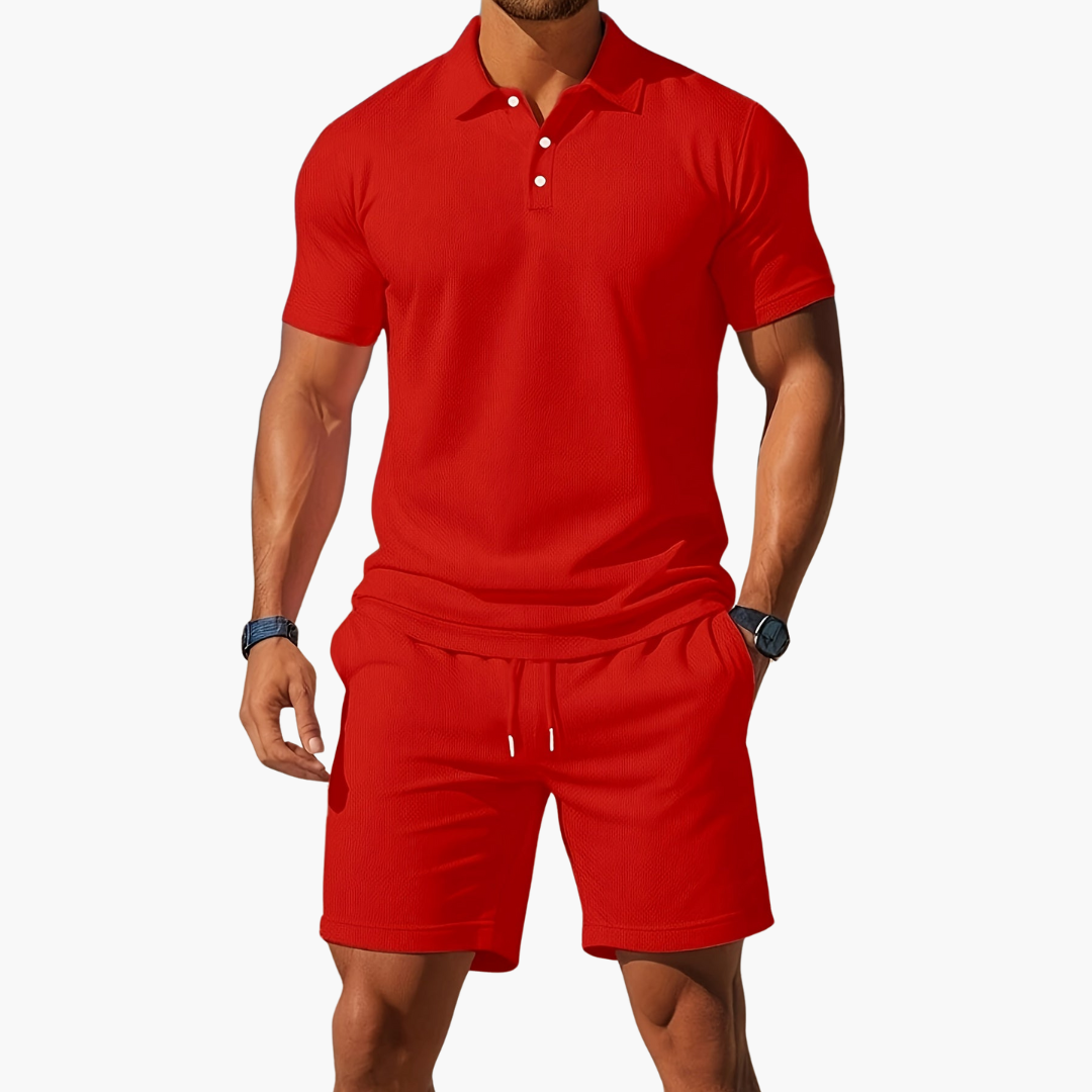 Men's Polo Shirt and Shorts Set with Short Sleeves and Button Collar