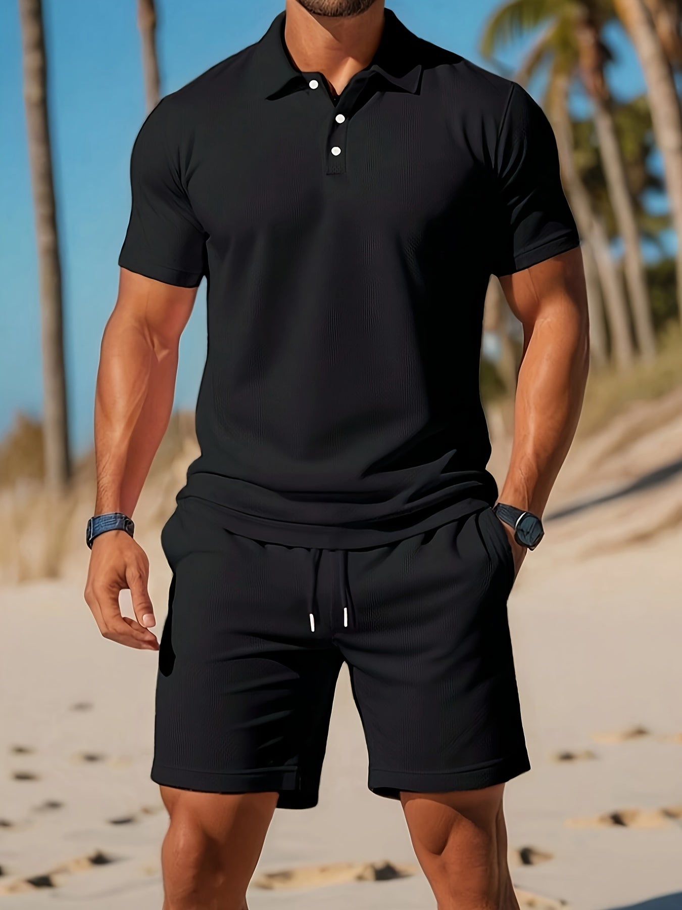 Men's Polo Shirt and Shorts Set with Short Sleeves and Button Collar