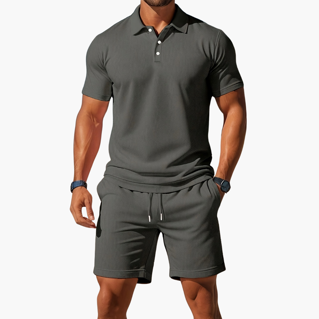 Men's Polo Shirt and Shorts Set with Short Sleeves and Button Collar