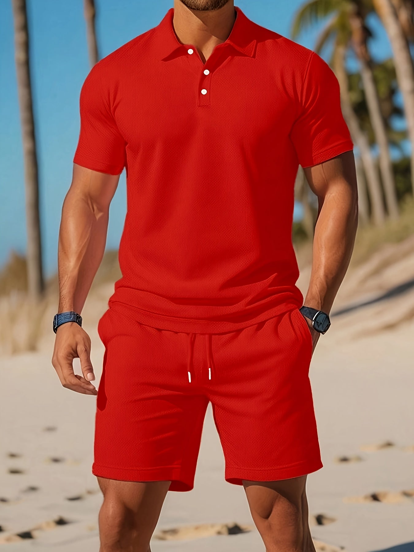 Men's Polo Shirt and Shorts Set with Short Sleeves and Button Collar