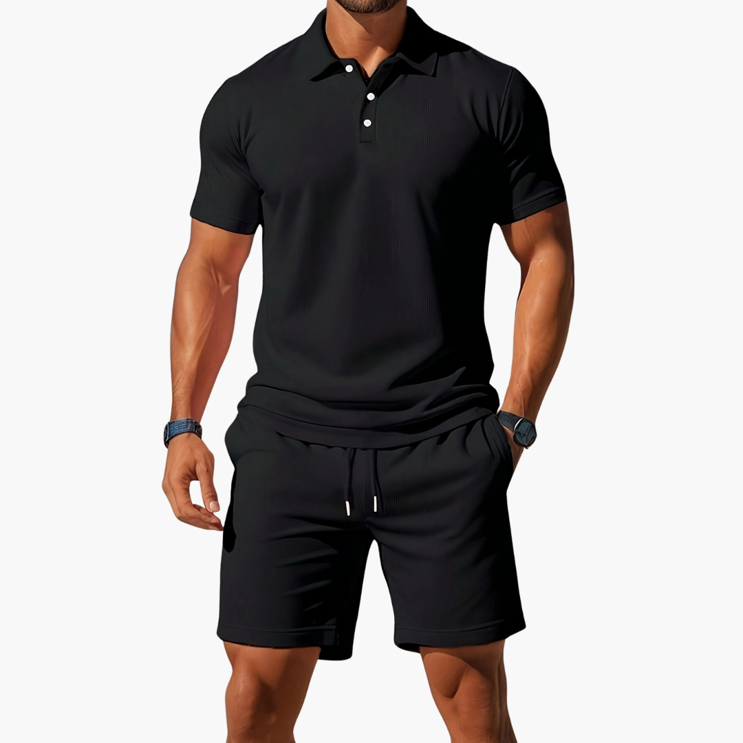 Men's Polo Shirt and Shorts Set with Short Sleeves and Button Collar