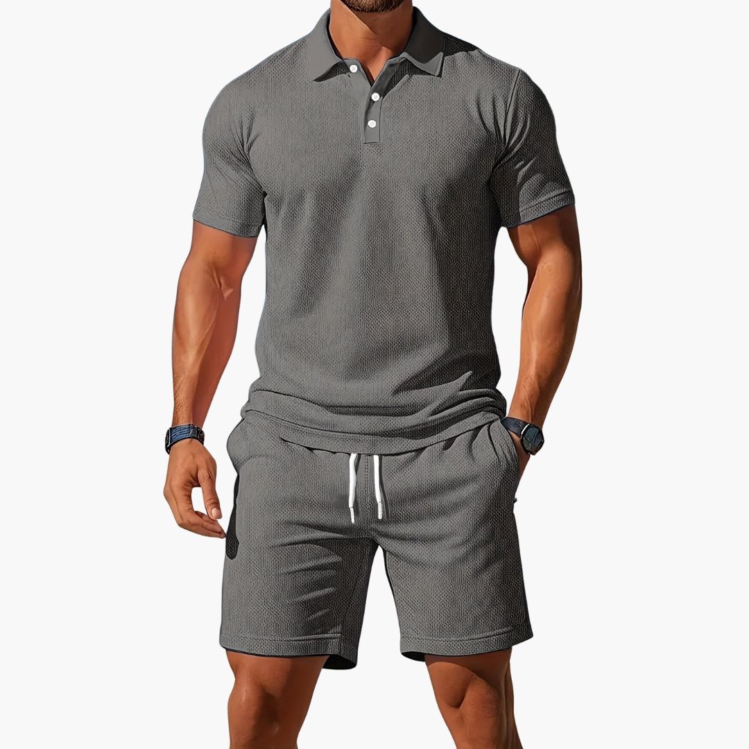 Men's Polo Shirt and Shorts Set with Short Sleeves and Button Collar