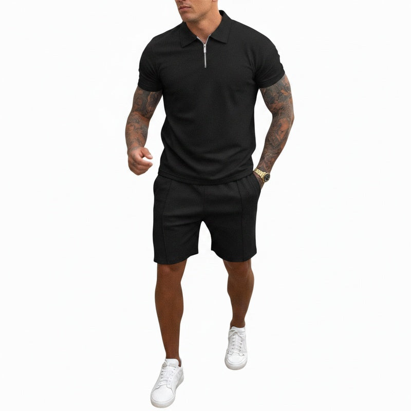 Men's Polo Shirt and Shorts Set with Short Sleeves and Zip Collar