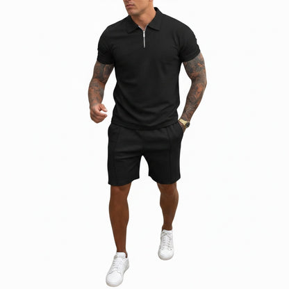 Men's Polo Shirt and Shorts Set with Short Sleeves and Zip Collar