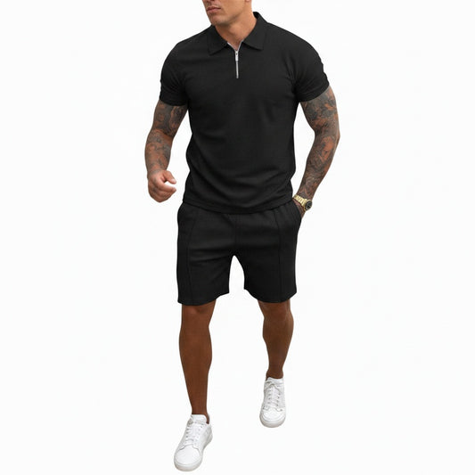 Men's Polo Shirt and Shorts Set with Short Sleeves and Zip Collar