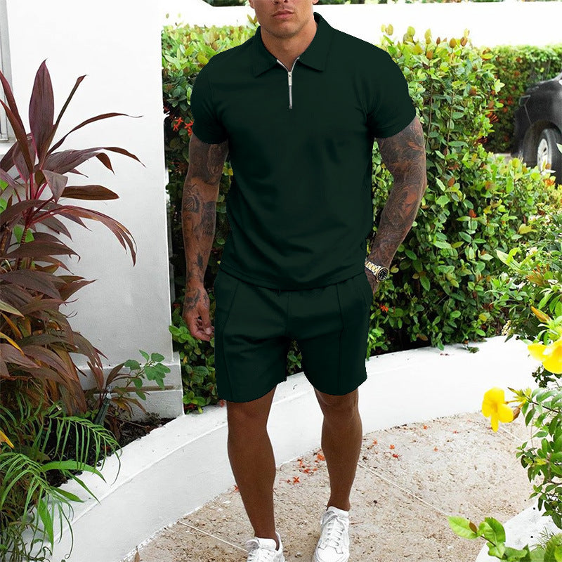 Men's Polo Shirt and Shorts Set with Short Sleeves and Zip Collar