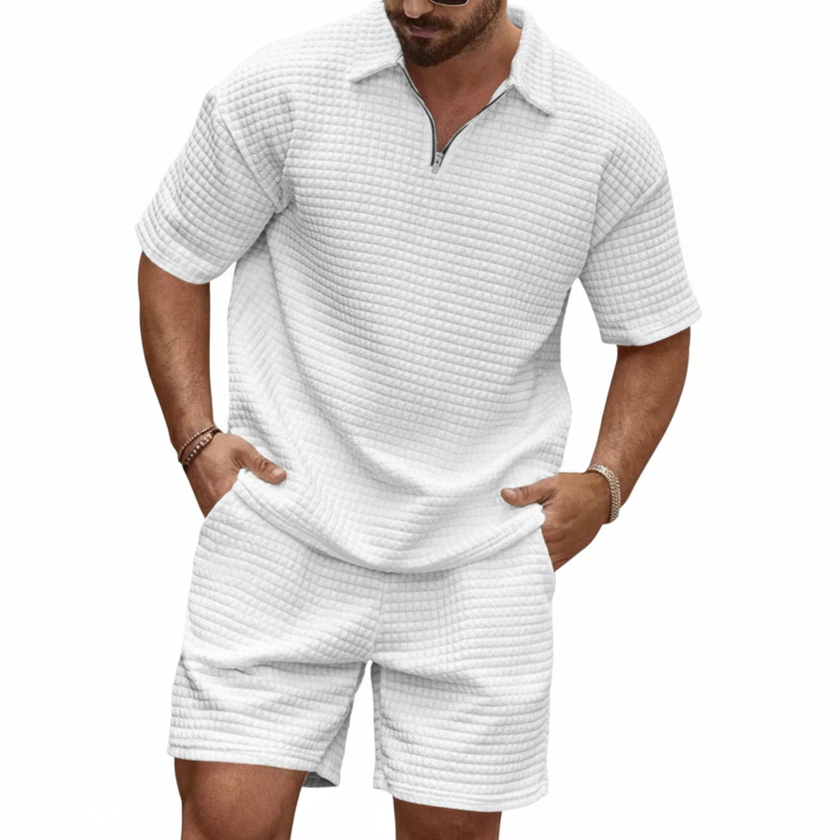 Men's Polo Shirt and Shorts Set with Short Sleeves and Zip Collar