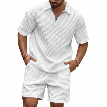Men's Polo Shirt and Shorts Set with Short Sleeves and Zip Collar