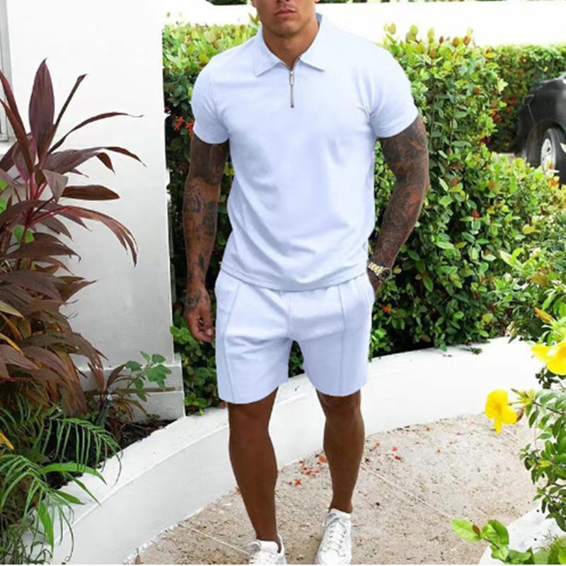 Men's Polo Shirt and Shorts Set with Short Sleeves and Zip Collar