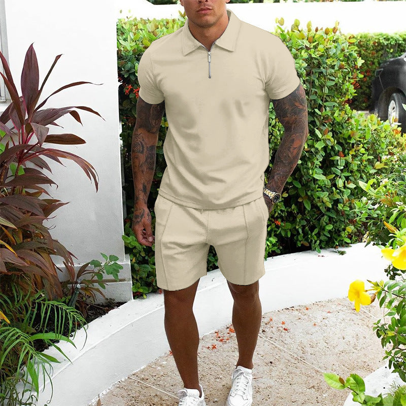 Men's Polo Shirt and Shorts Set with Short Sleeves and Zip Collar