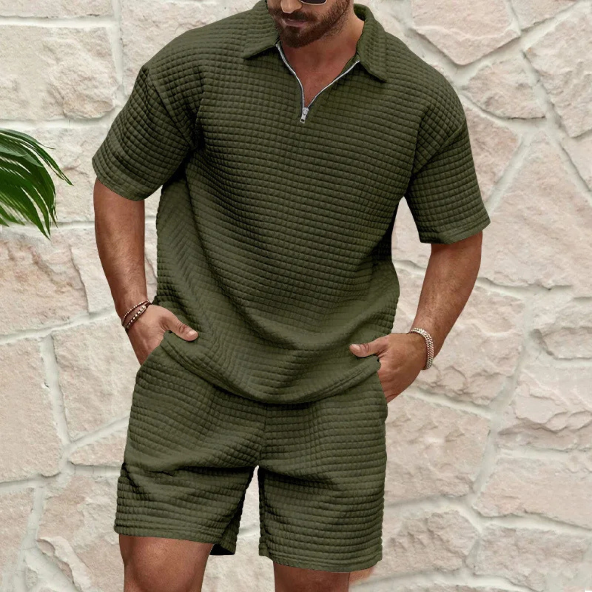 Men's Polo Shirt and Shorts Set with Short Sleeves and Zip Collar