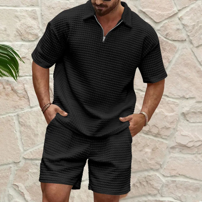 Men's Polo Shirt and Shorts Set with Short Sleeves and Zip Collar