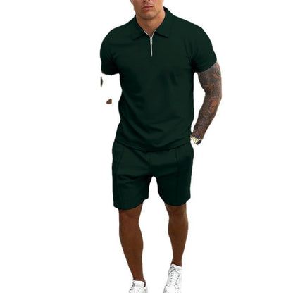 Men's Polo Shirt and Shorts Set with Short Sleeves and Zip Collar