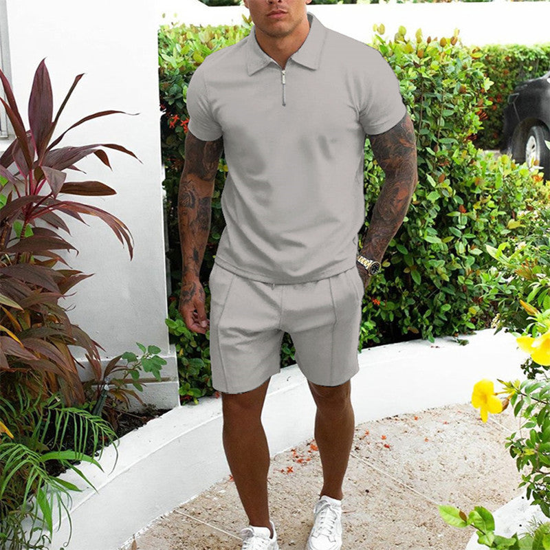 Men's Polo Shirt and Shorts Set with Short Sleeves and Zip Collar