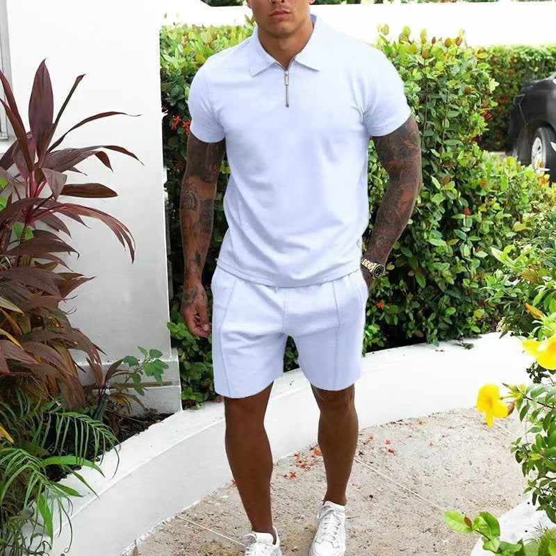 Men's Polo Shirt and Shorts Set with Short Sleeves and Zip Collar