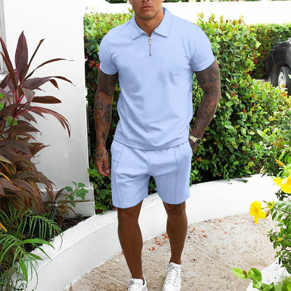 Men's Polo Shirt and Shorts Set with Short Sleeves and Zip Collar