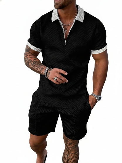 Men's Polo Shirt and Shorts Set with Short Sleeves, Half-Zip and Contrast Details