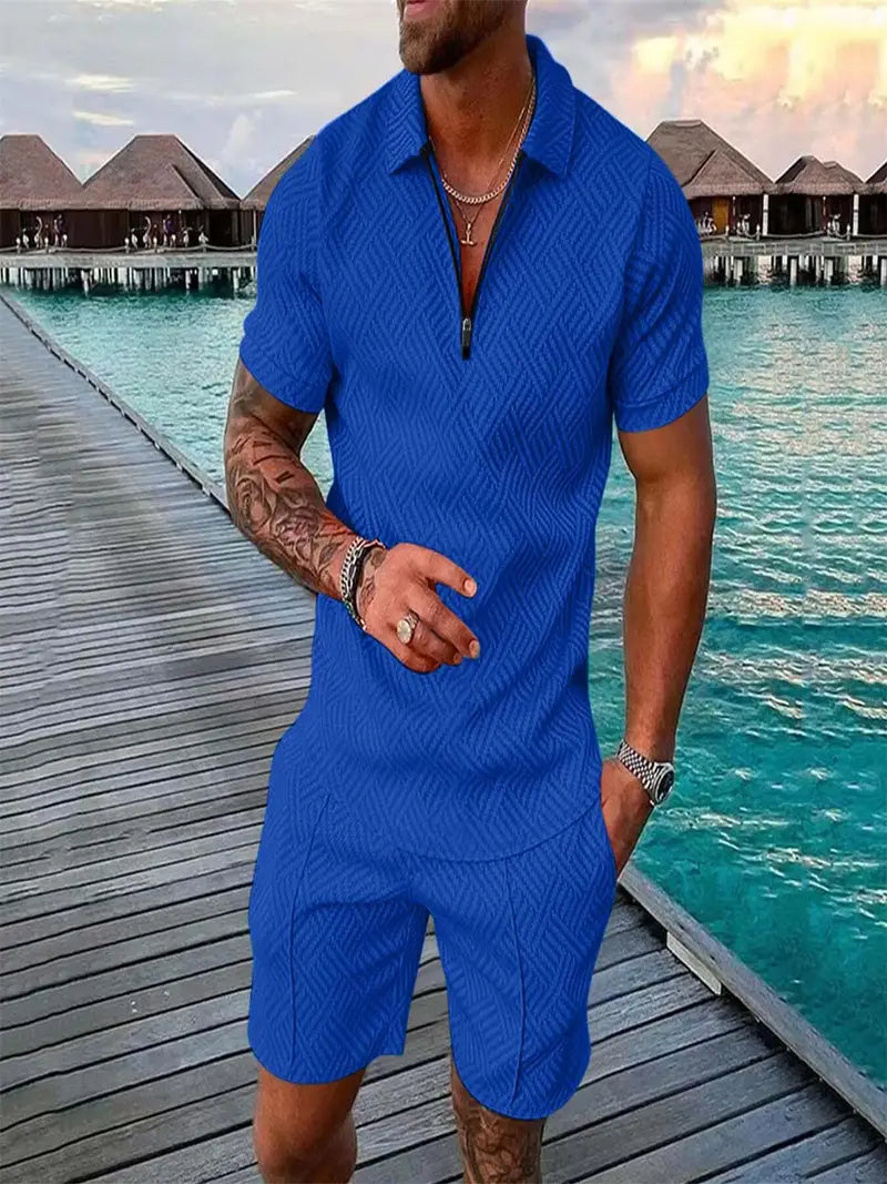Men's Polo Shirt and Shorts Set with Short Sleeves, Half-Zip and Contrast Details