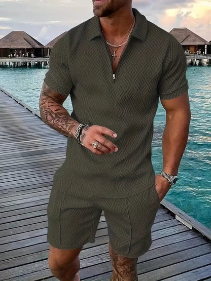 Men's Polo Shirt and Shorts Set with Short Sleeves, Half-Zip and Contrast Details