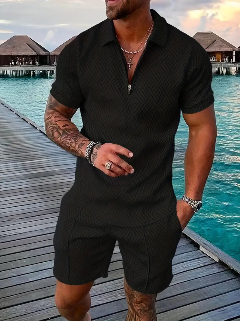 Men's Polo Shirt and Shorts Set with Short Sleeves, Half-Zip and Contrast Details