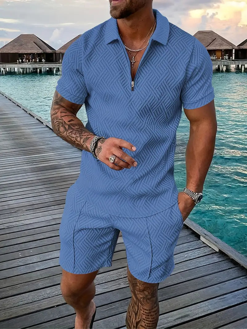 Men's Polo Shirt and Shorts Set with Short Sleeves, Half-Zip and Contrast Details