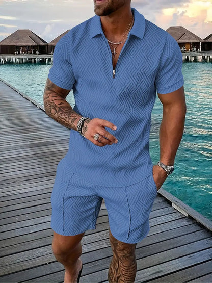 Men's Polo Shirt and Shorts Set with Short Sleeves, Half-Zip and Contrast Details