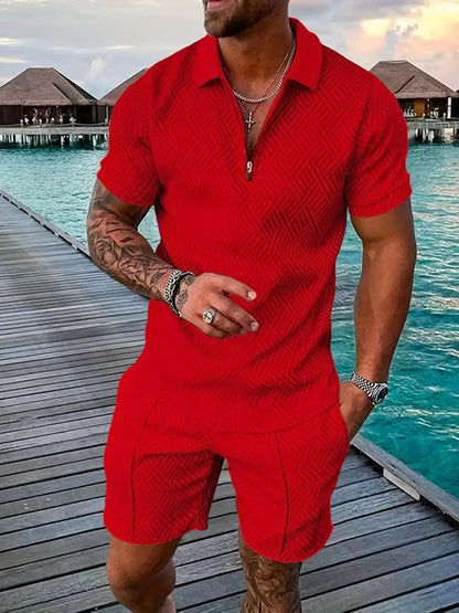 Men's Polo Shirt and Shorts Set with Short Sleeves, Half-Zip and Contrast Details