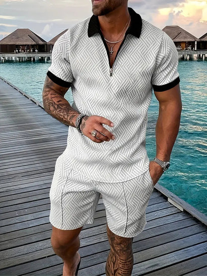 Men's Polo Shirt and Shorts Set with Short Sleeves, Half-Zip and Contrast Details
