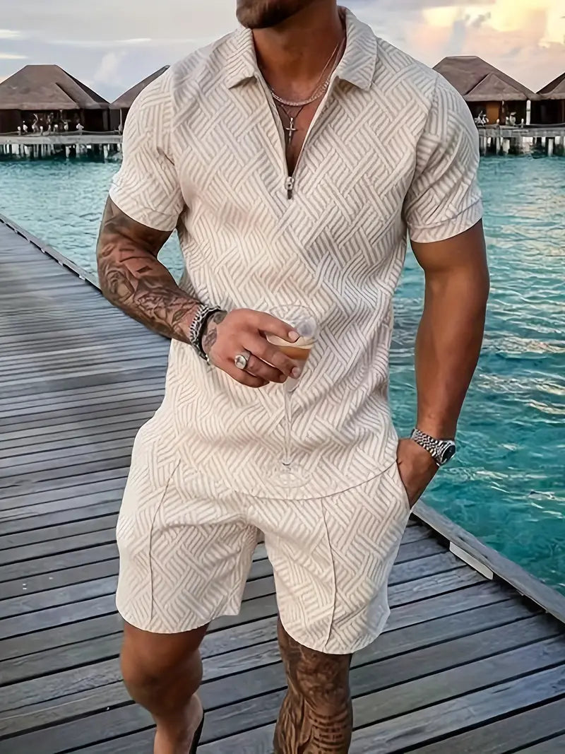 Men's Polo Shirt and Shorts Set with Short Sleeves, Half-Zip and Contrast Details