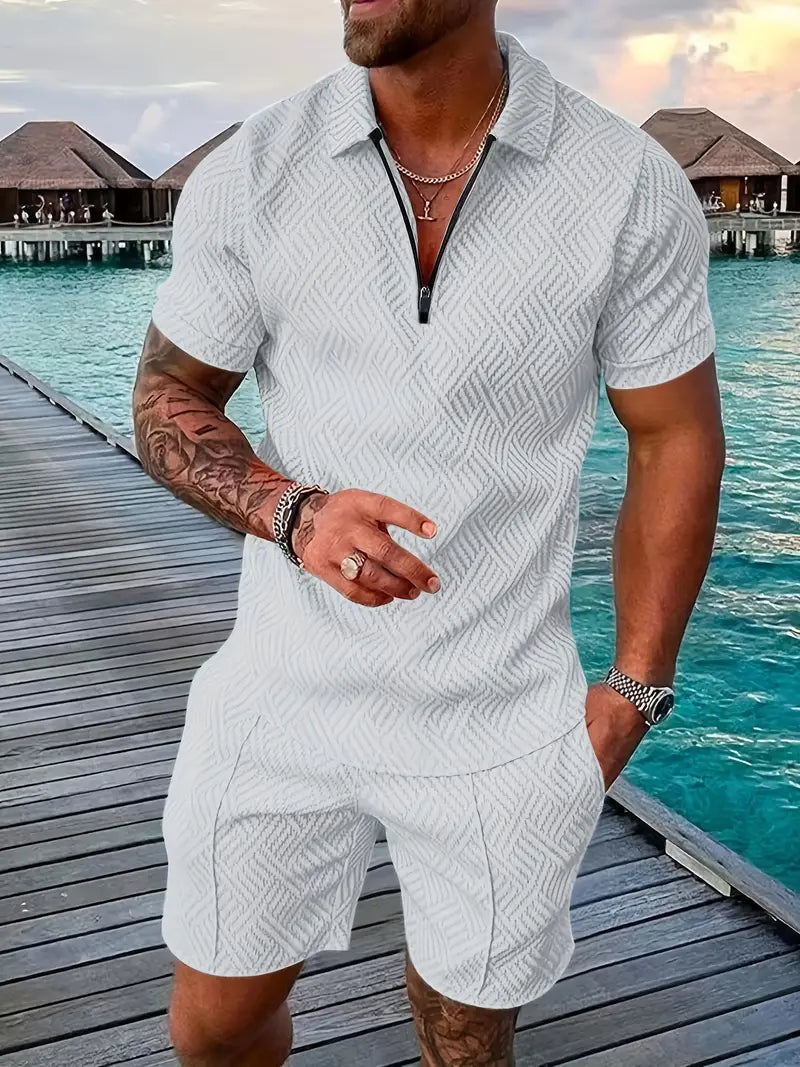 Men's Polo Shirt and Shorts Set with Short Sleeves, Half-Zip and Contrast Details
