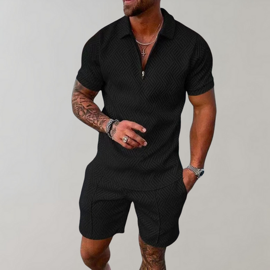 Men's Polo Shirt and Shorts Set with Zip Collar and Geometric Texture