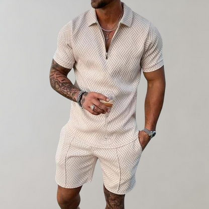 Men's Polo Shirt and Shorts Set with Zip Collar and Geometric Texture