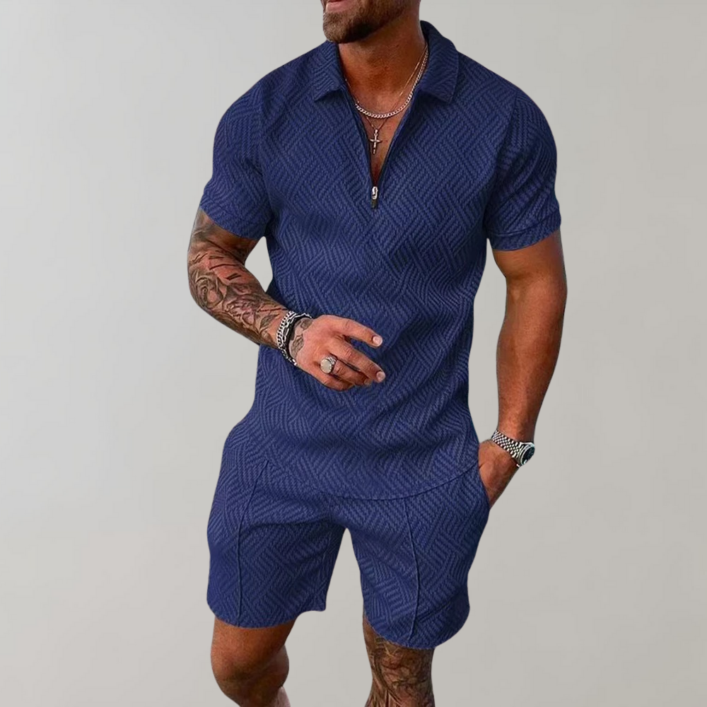 Men's Polo Shirt and Shorts Set with Zip Collar and Geometric Texture