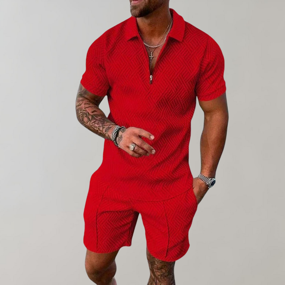 Men's Polo Shirt and Shorts Set with Zip Collar and Geometric Texture