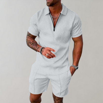 Men's Polo Shirt and Shorts Set with Zip Collar and Geometric Texture