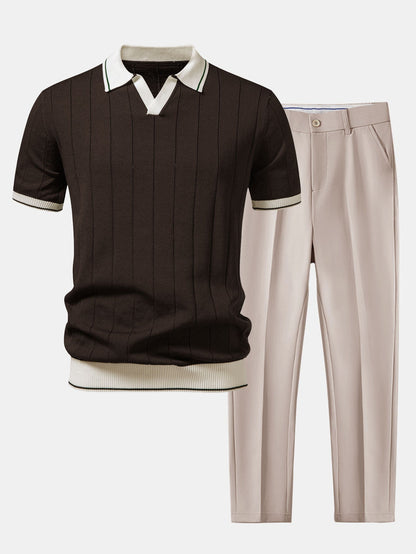 Men's Polo Shirt and Tapered Trousers Co-ord Set with Contrast Trim