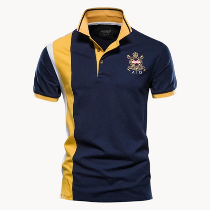 Men's Polo Shirt Short Sleeve with Contrast Panel and Embroidered Crest