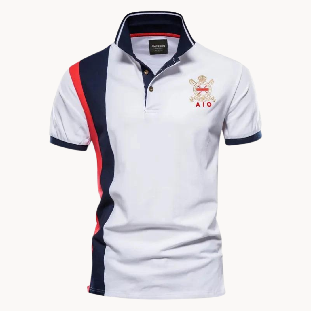 Men's Polo Shirt Short Sleeve with Contrast Panel and Embroidered Crest