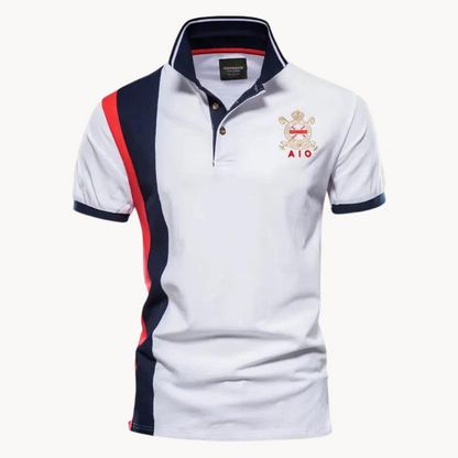 Men's Polo Shirt Short Sleeve with Contrast Panel and Embroidered Crest