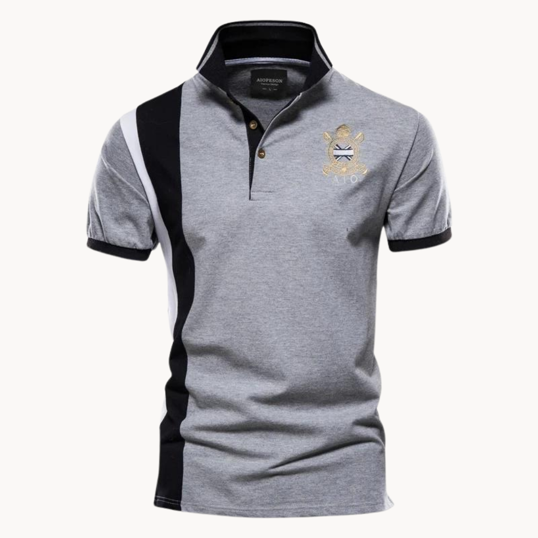 Men's Polo Shirt Short Sleeve with Contrast Panel and Embroidered Crest