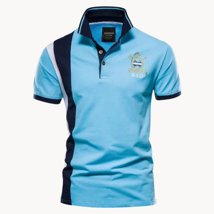 Men's Polo Shirt Short Sleeve with Contrast Panel and Embroidered Crest