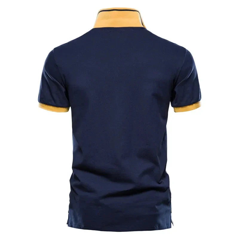 Men's Polo Shirt Short Sleeve with Contrast Panel and Embroidered Crest