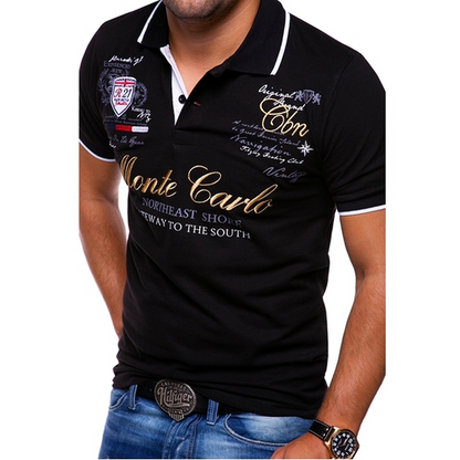 Men's Polo Shirt Short Sleeve with Contrast Trim and Graphic Print