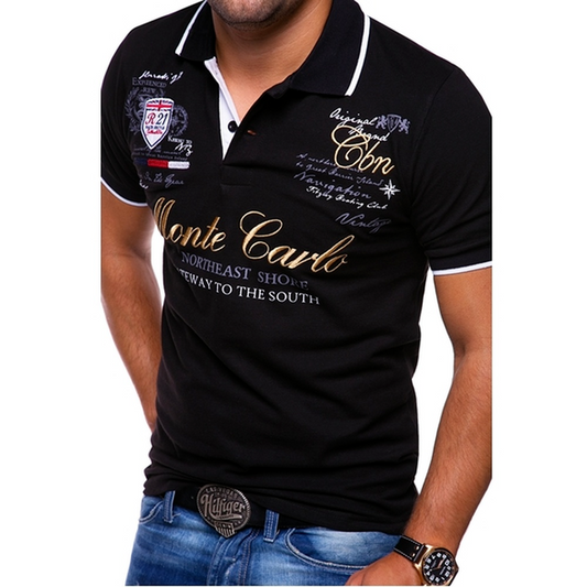 Men's Polo Shirt Short Sleeve with Contrast Trim and Graphic Print