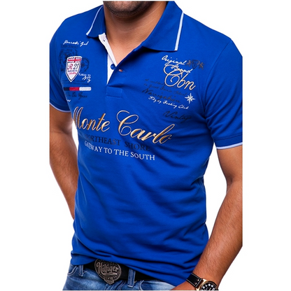 Men's Polo Shirt Short Sleeve with Contrast Trim and Graphic Print