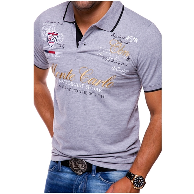 Men's Polo Shirt Short Sleeve with Contrast Trim and Graphic Print