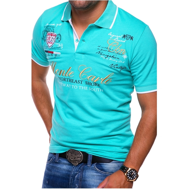 Men's Polo Shirt Short Sleeve with Contrast Trim and Graphic Print