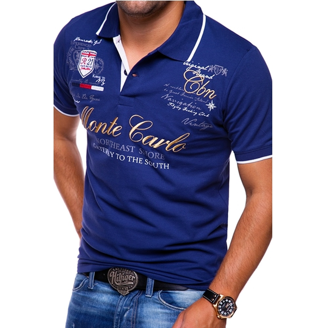 Men's Polo Shirt Short Sleeve with Contrast Trim and Graphic Print