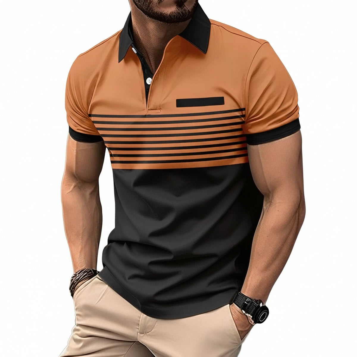 Men's Polo Shirt Short Sleeve with Striped Color Block Design and Slim Fit