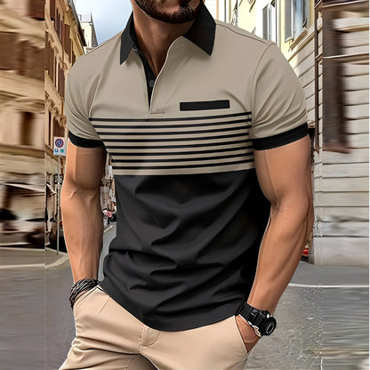 Men's Polo Shirt Short Sleeve with Striped Color Block Design and Slim Fit